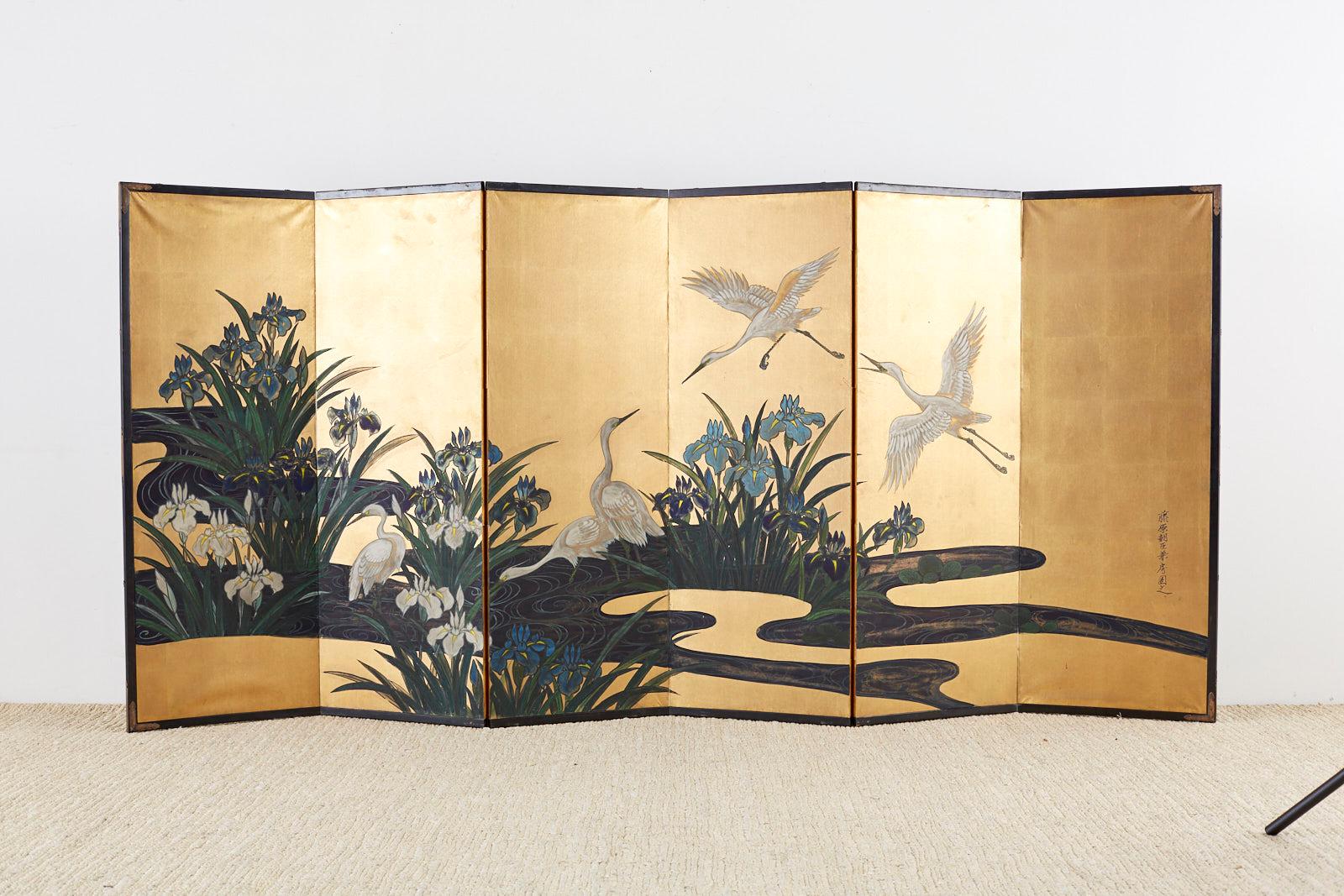 Japanese Six-Panel Meiji Screen of Egrets on Gold Leaf  12