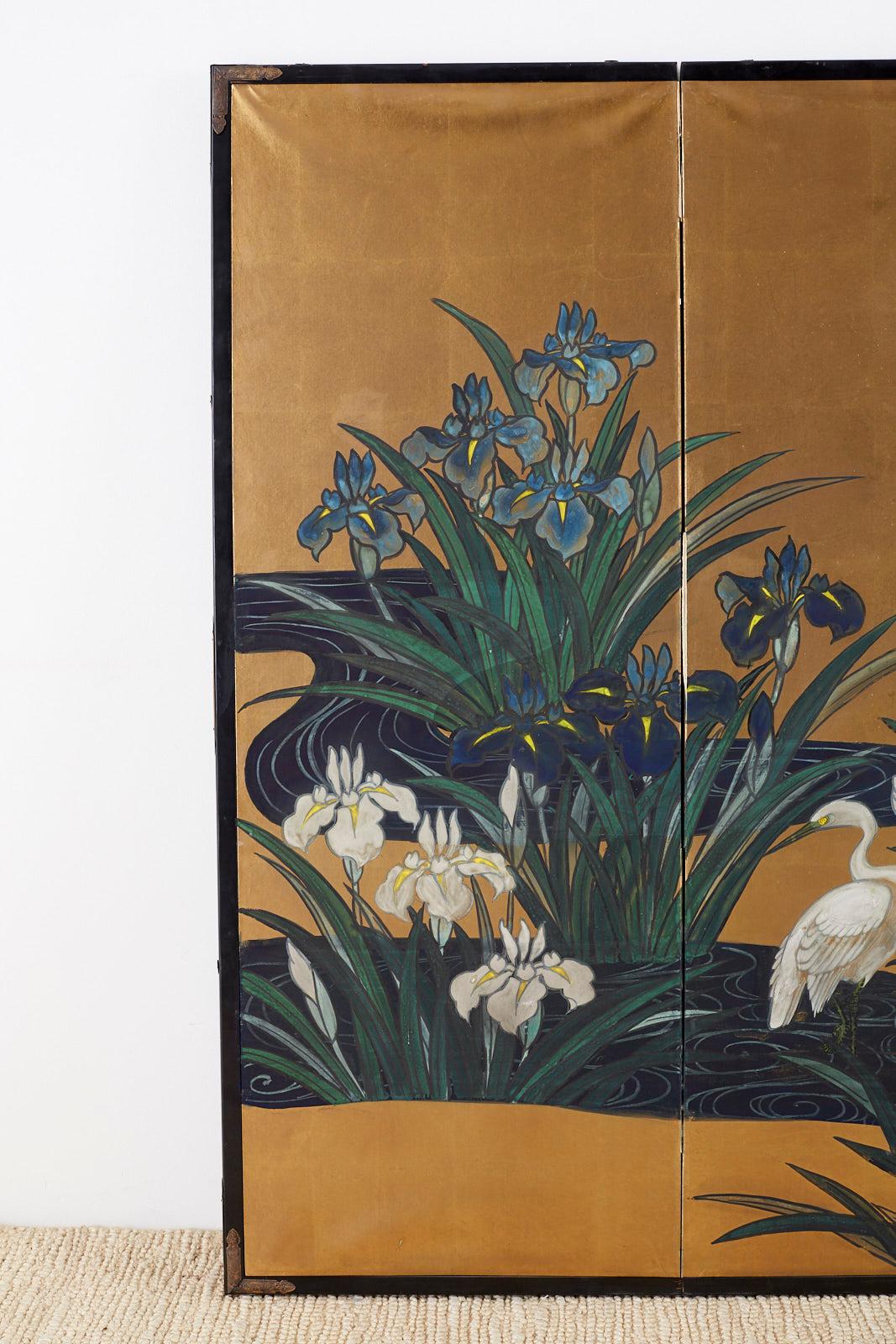 Etched Japanese Six-Panel Meiji Screen of Egrets on Gold Leaf 