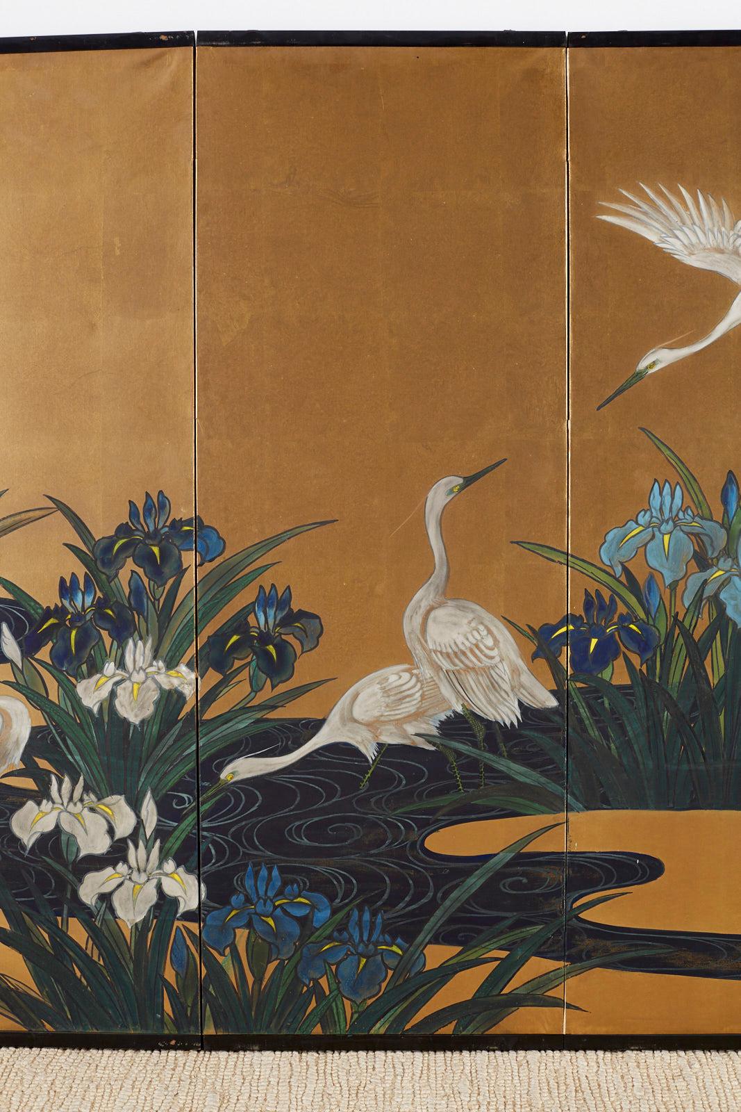 20th Century Japanese Six-Panel Meiji Screen of Egrets on Gold Leaf 