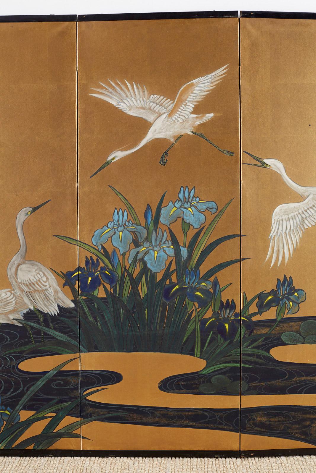 Brass Japanese Six-Panel Meiji Screen of Egrets on Gold Leaf 