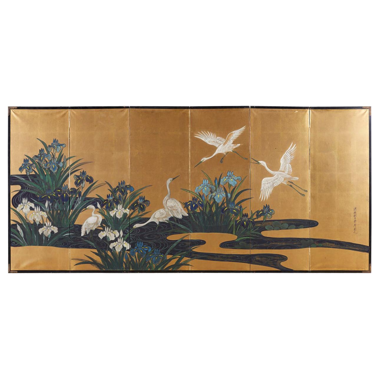 Japanese Six-Panel Meiji Screen of Egrets on Gold Leaf 
