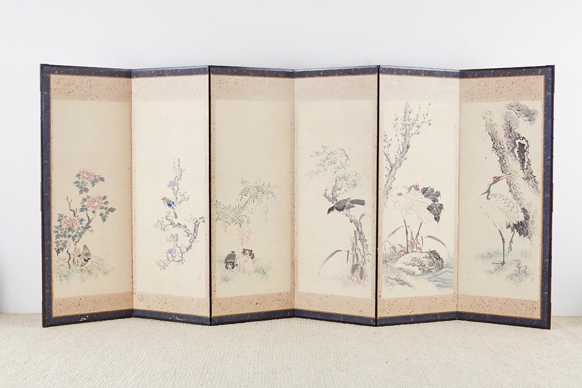 Japanese Six-Panel Meiji Screen of Flora and Fauna 12