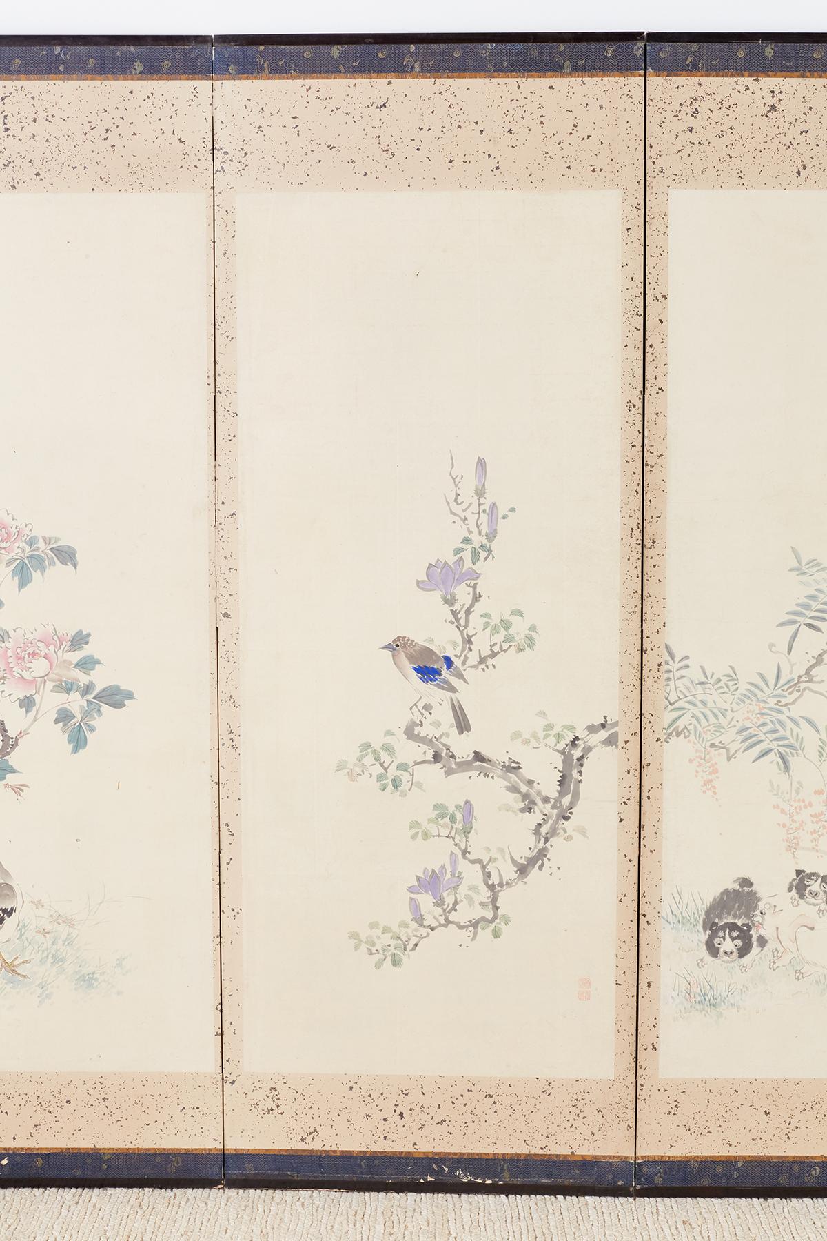 Lacquered Japanese Six-Panel Meiji Screen of Flora and Fauna
