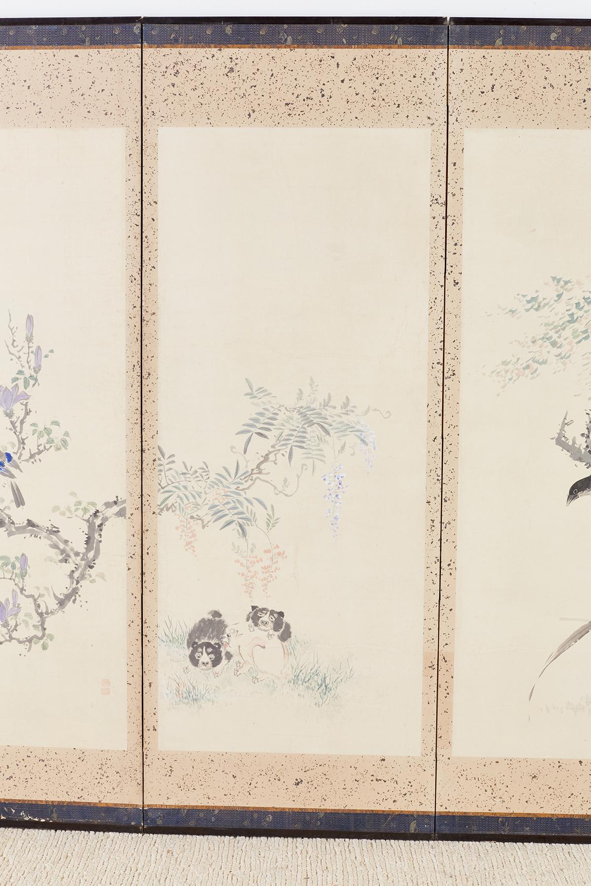 Japanese Six-Panel Meiji Screen of Flora and Fauna In Good Condition In Rio Vista, CA