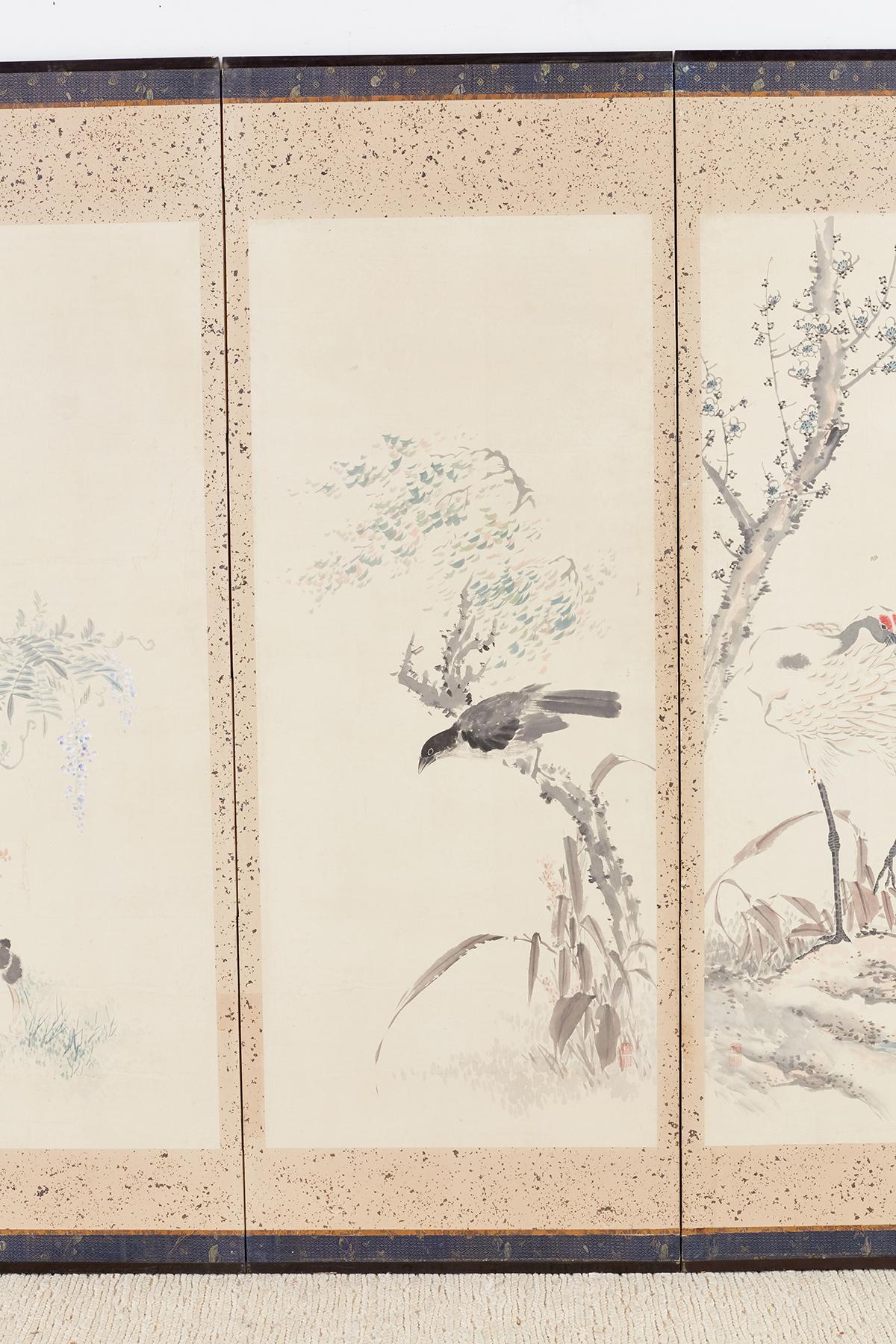 19th Century Japanese Six-Panel Meiji Screen of Flora and Fauna