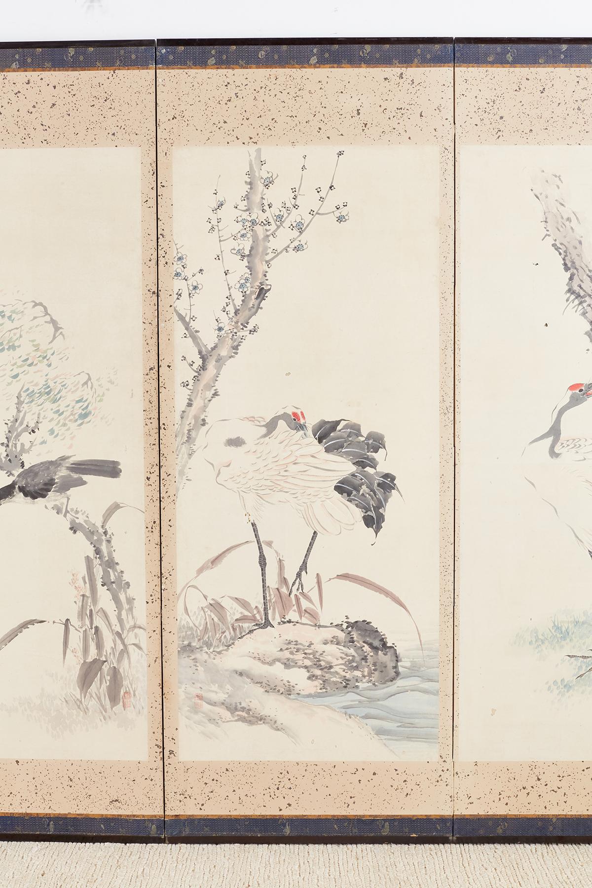 Brass Japanese Six-Panel Meiji Screen of Flora and Fauna