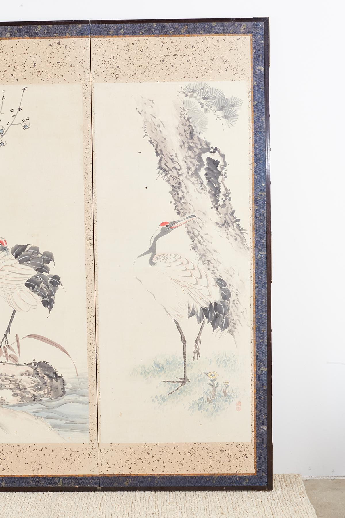 Japanese Six-Panel Meiji Screen of Flora and Fauna 1
