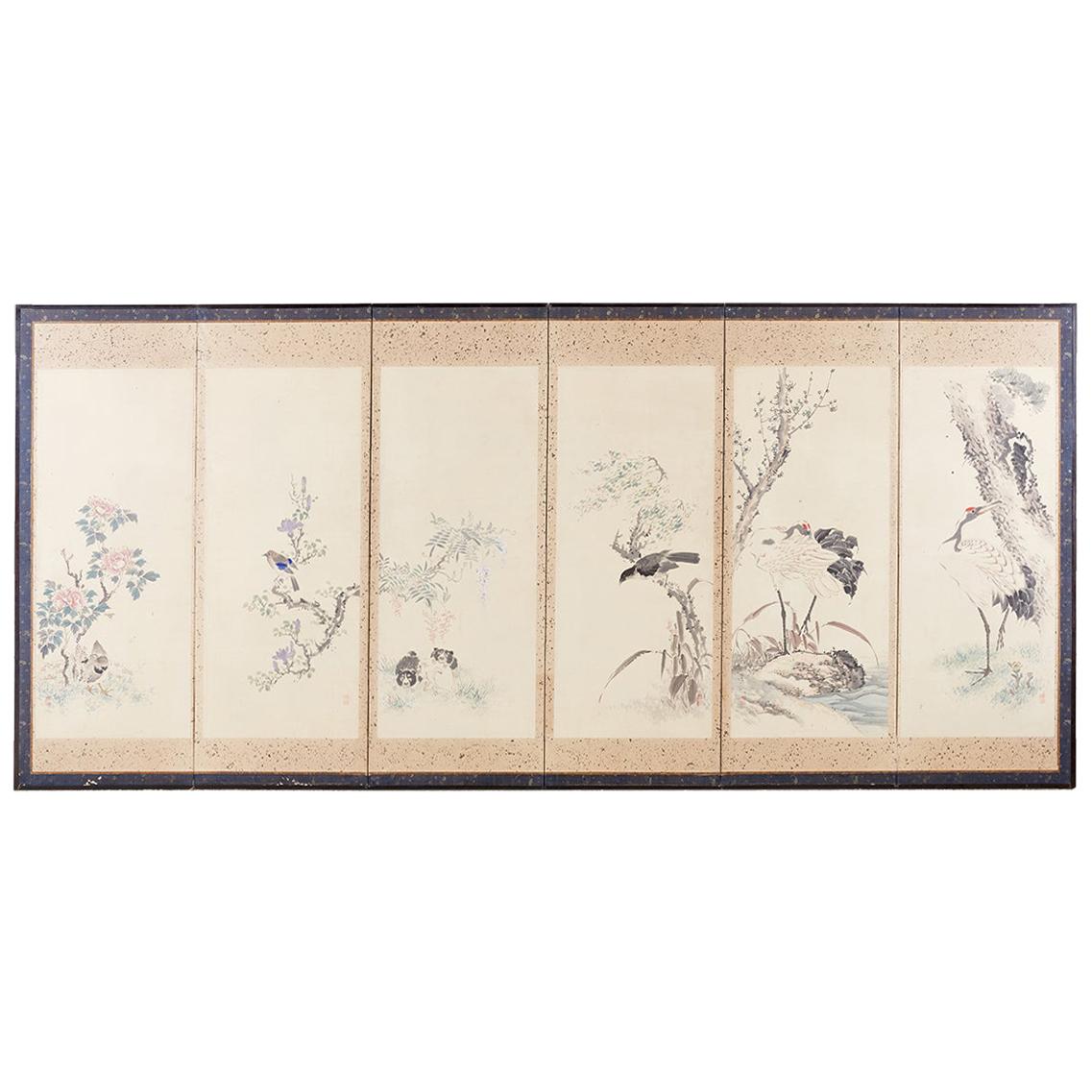 Japanese Six-Panel Meiji Screen of Flora and Fauna