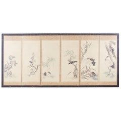 Paravent japonais Meiji à six panneaux représentant la flore et la faune