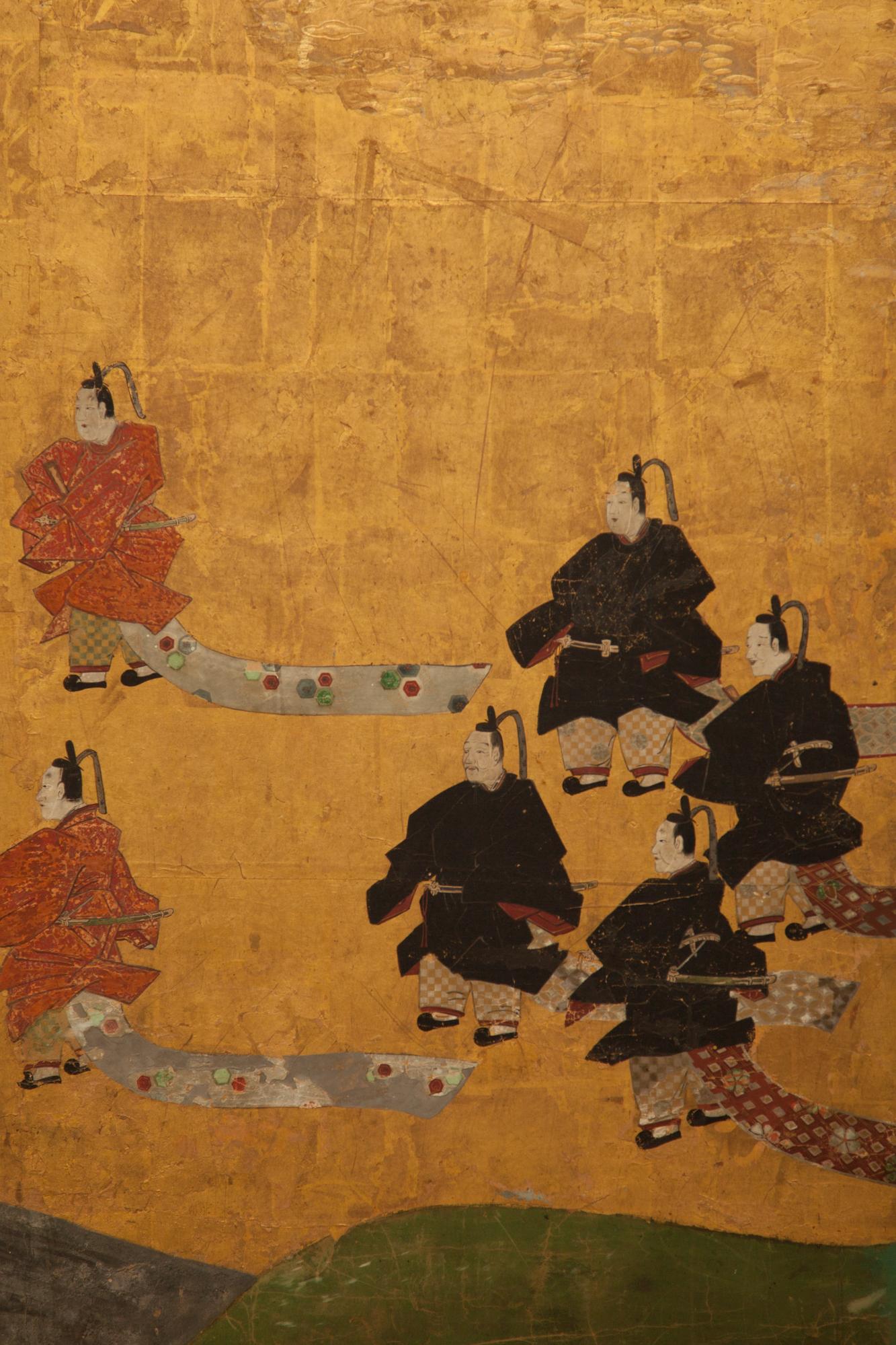 18th Century Japanese Six Panel Screen: Courtiers Festival For Sale