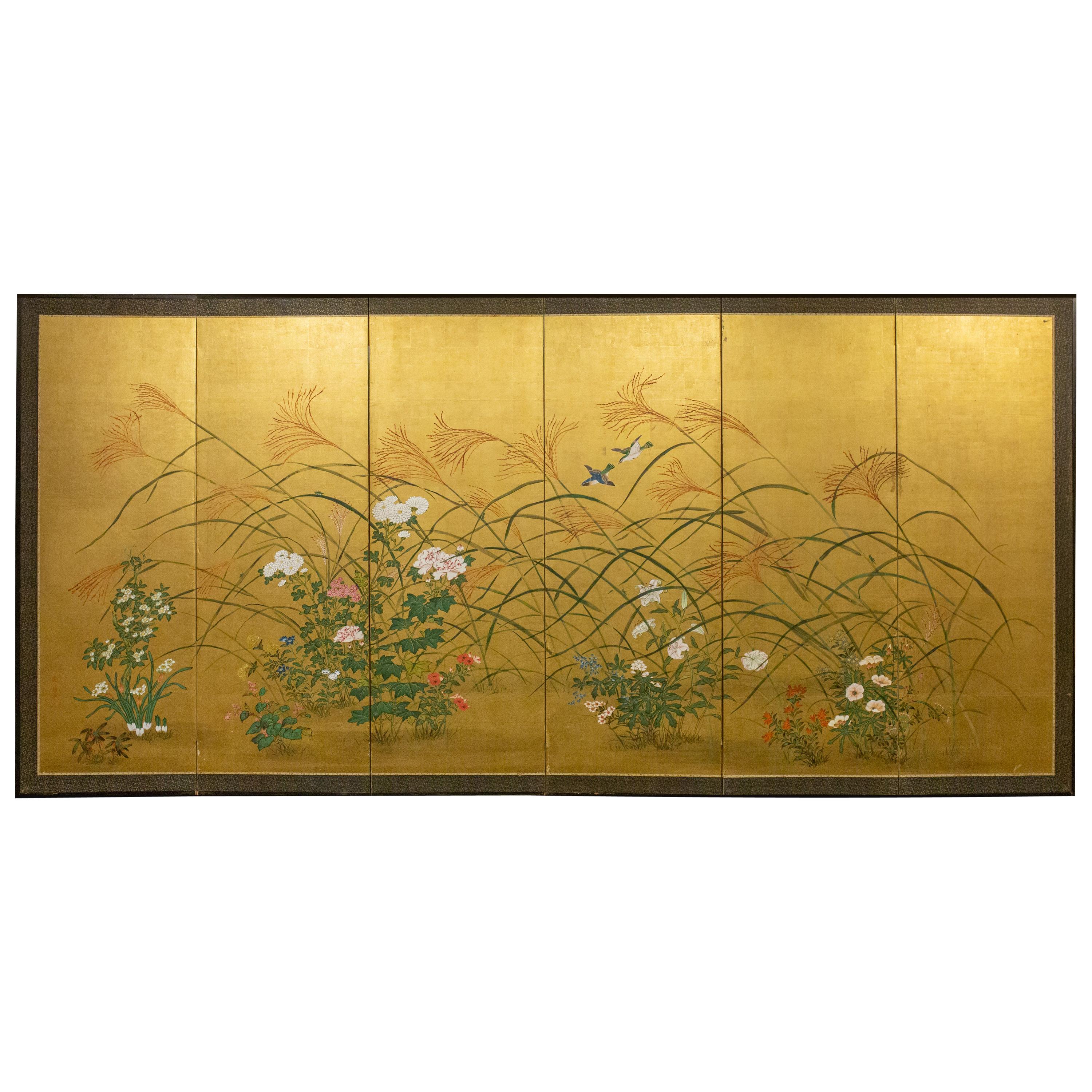 Japanese Six-Panel Screen, a Garden for All Seasons For Sale