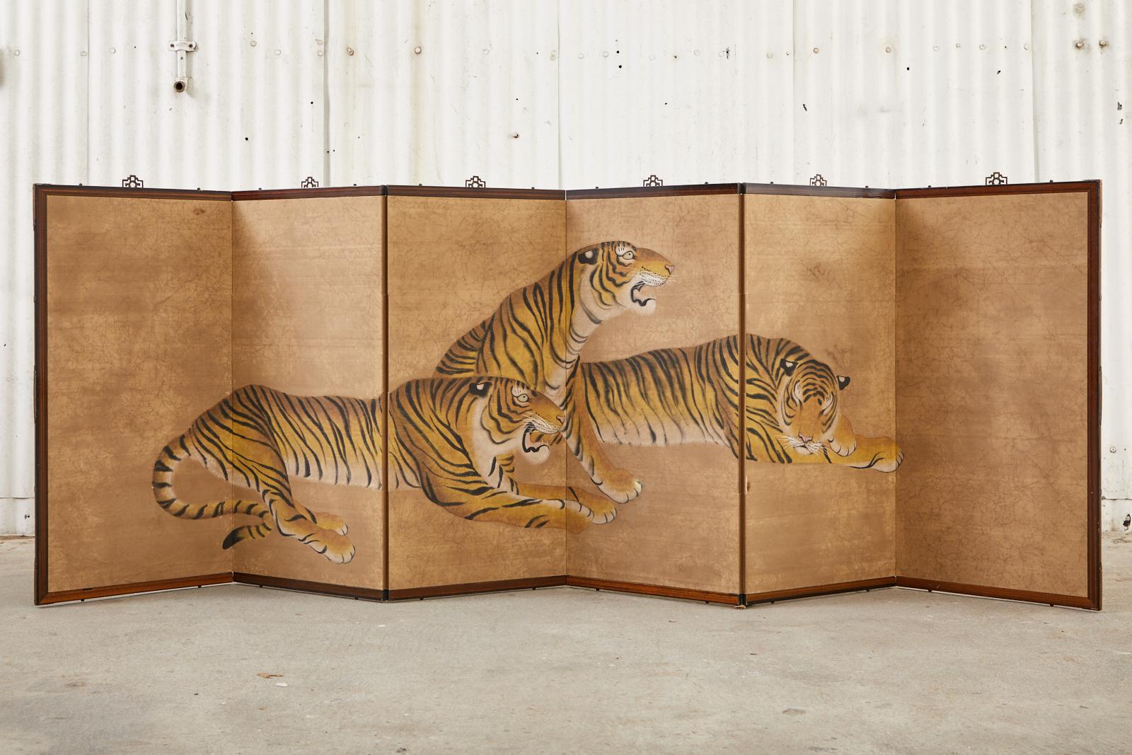 Hollywood Regency Japanese Six Panel Screen Ambush of Tigers