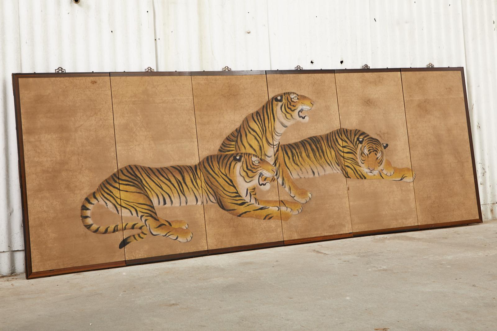 Lacquered Japanese Six Panel Screen Ambush of Tigers