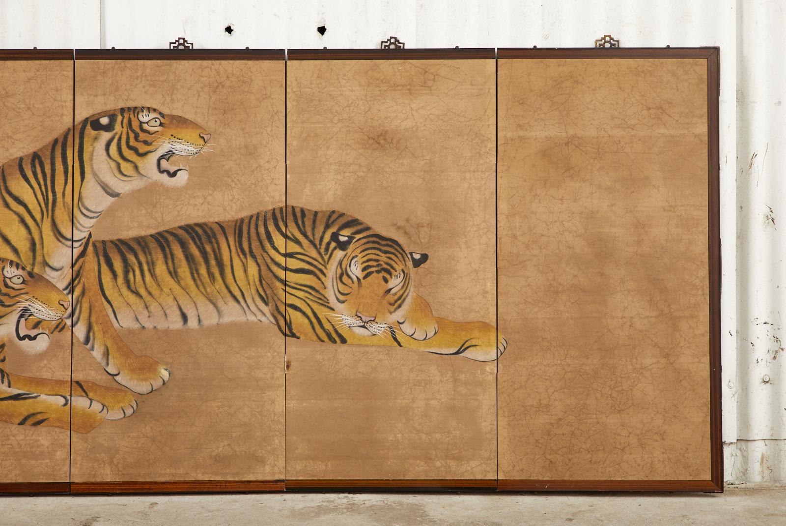 20th Century Japanese Six Panel Screen Ambush of Tigers