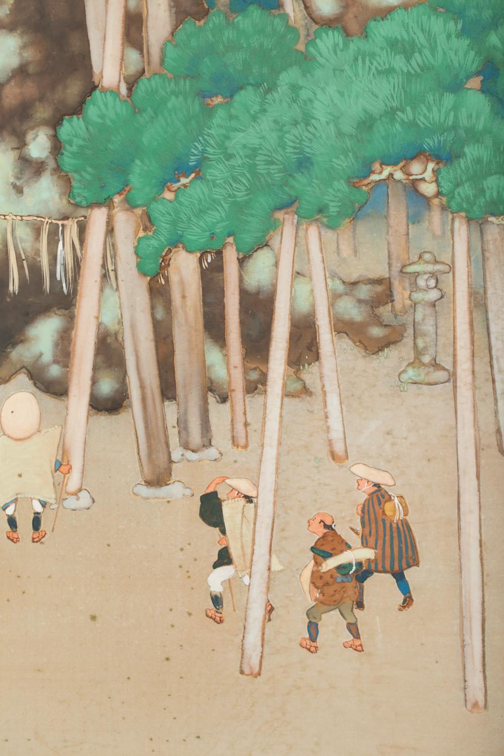 Vener-Kiefern, die von den Arboristen des Tempels gepflegt werden. Die Signatur des Künstlers lautet: Koka Sugibayashi. Gemälde aus der Meiji-Zeit (1868-1912) mit Mineralpigmenten auf Seide mit Seidenbrokatborte.