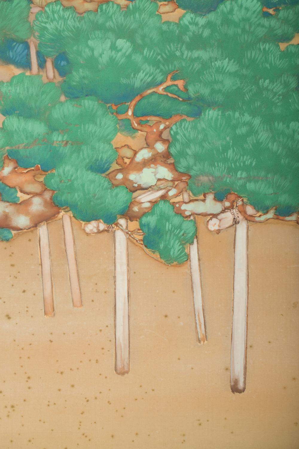 Meiji Japanese Six Panel Screen, Ancient Pines on the Shore under Silver Moon For Sale