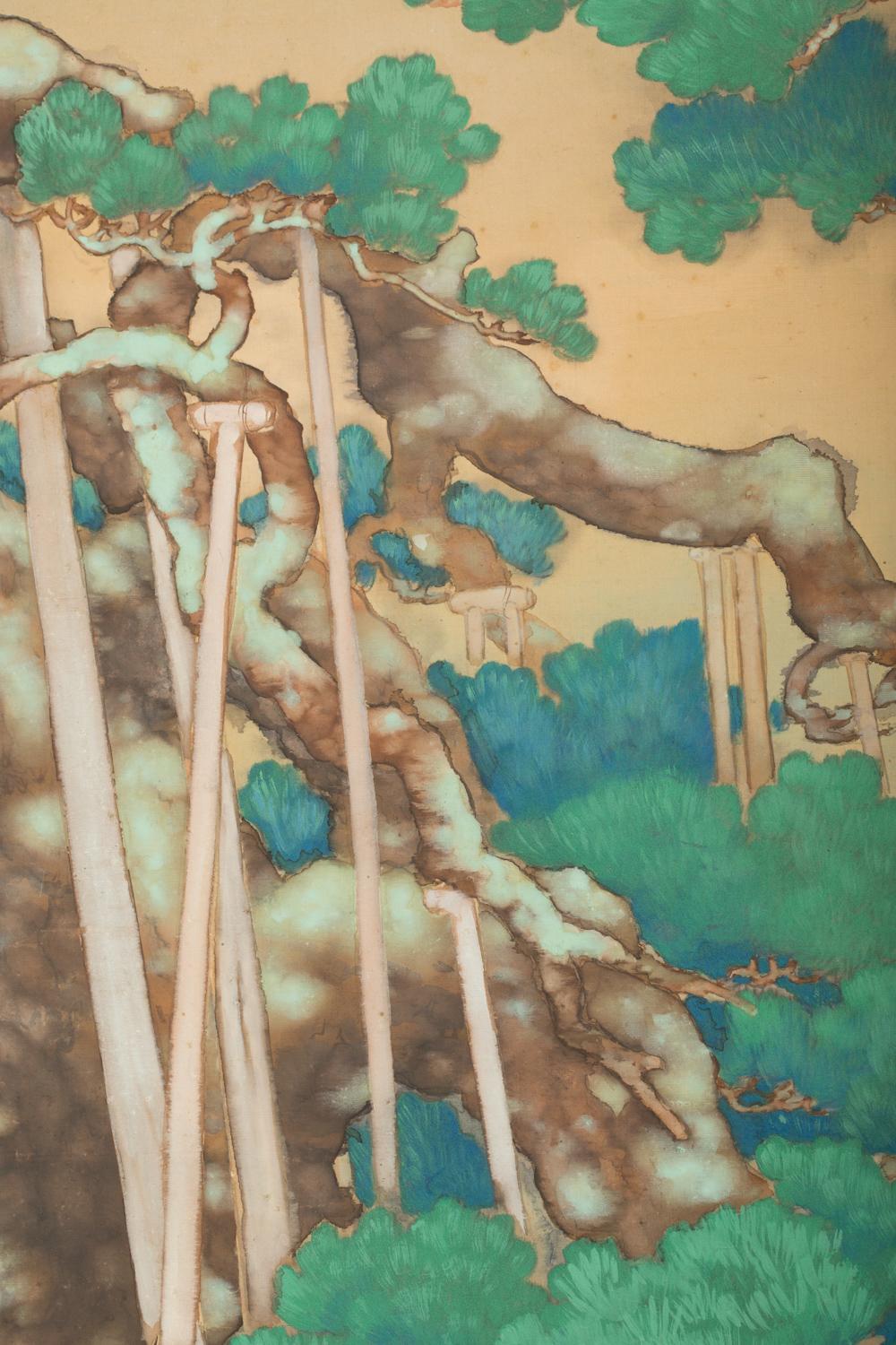 Japanischer Raumteiler mit sechs Tafeln, antike Kiefern an der Shore unter Silbermond (Frühes 20. Jahrhundert) im Angebot