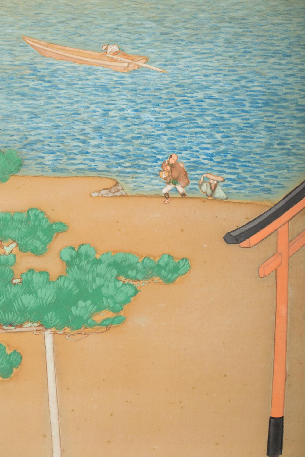 Japanischer Raumteiler mit sechs Tafeln, antike Kiefern an der Shore unter Silbermond im Angebot 1