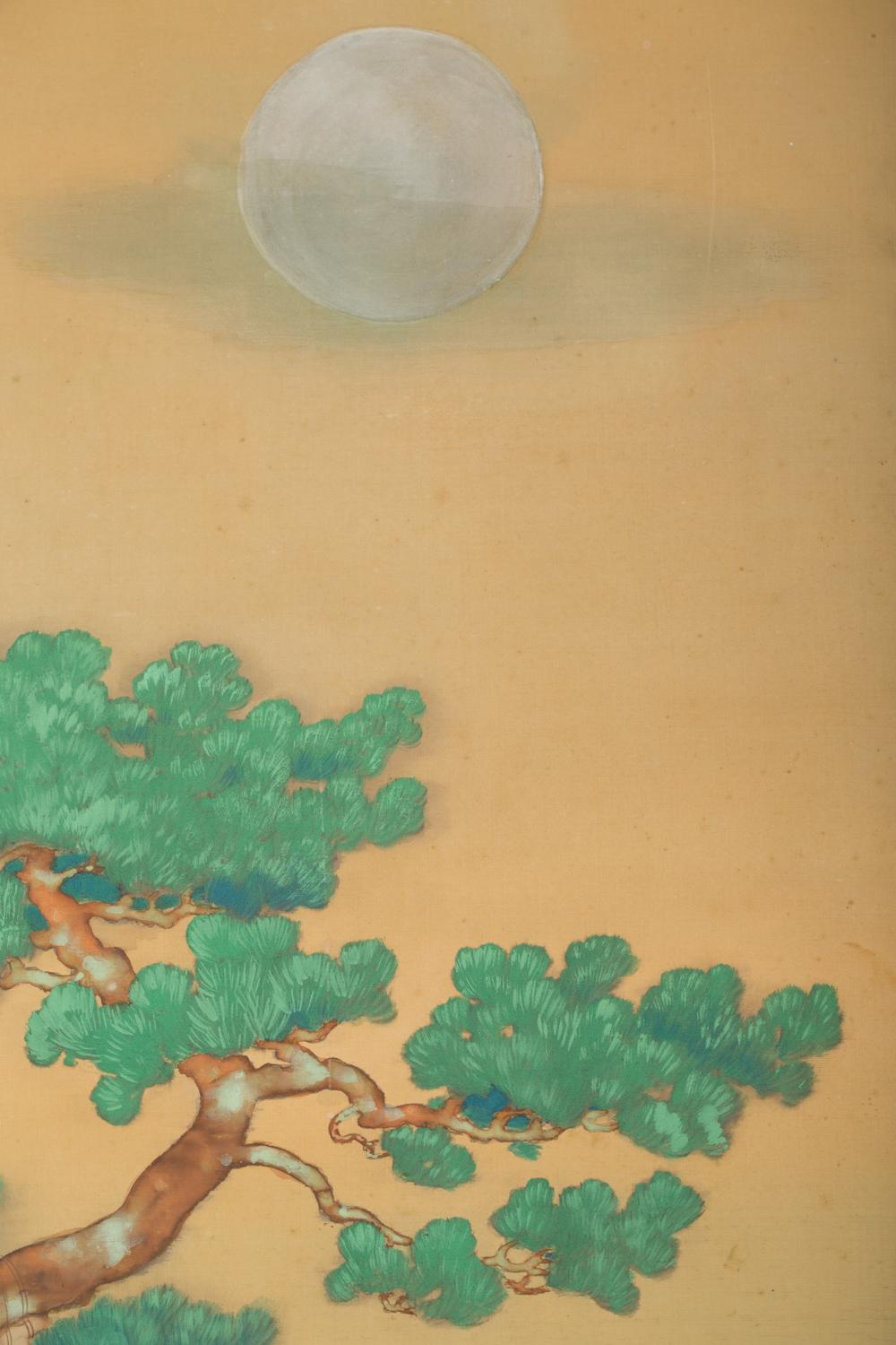 Japanischer Raumteiler mit sechs Tafeln, antike Kiefern an der Shore unter Silbermond im Angebot 2