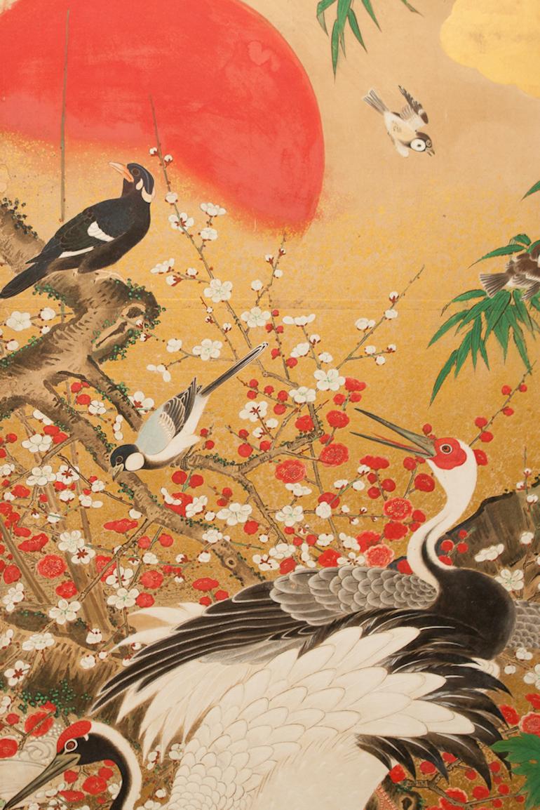 Japanese Screen: Animals and Flowers in a Landscape with Rising Sun For Sale 1