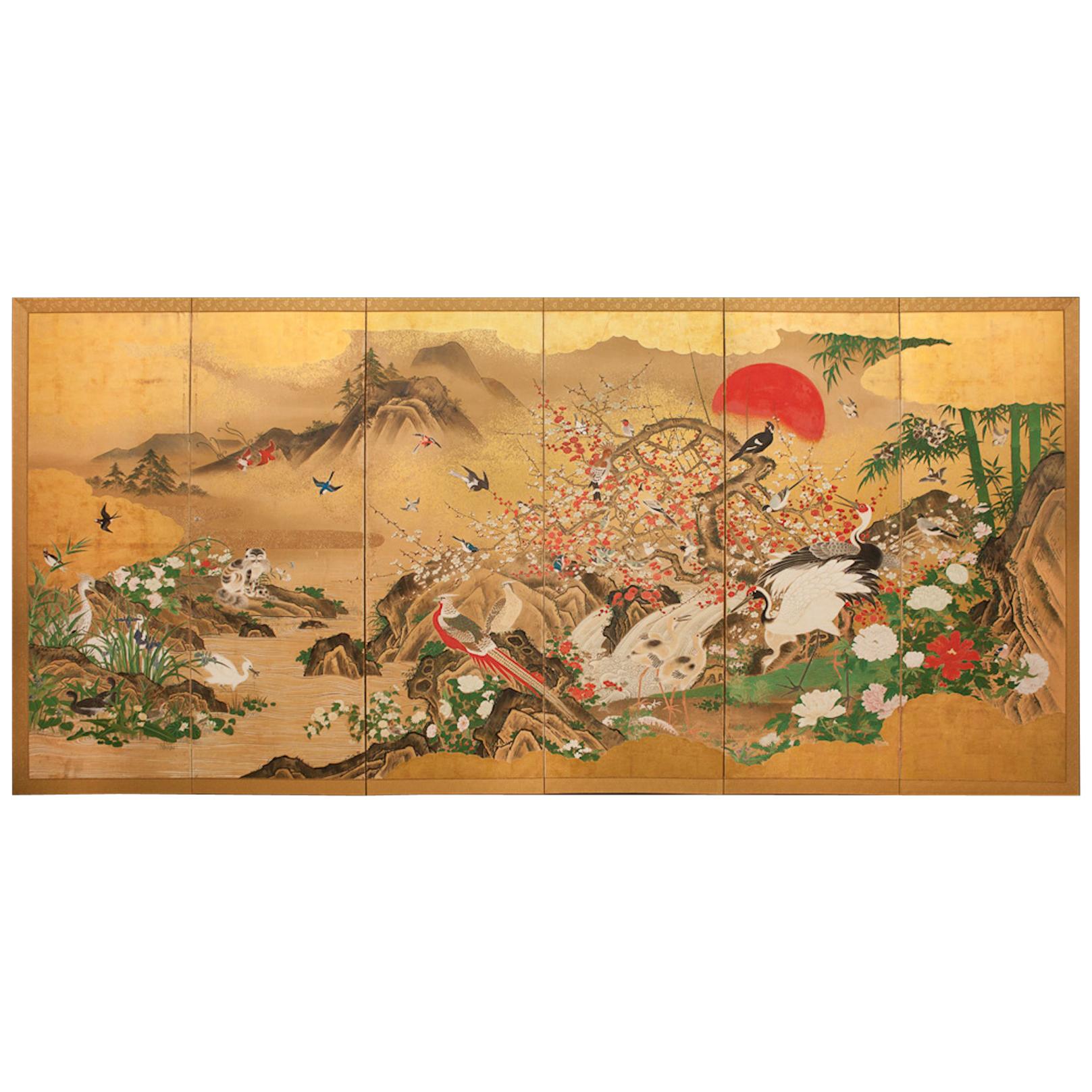 Japanese Screen: Animals and Flowers in a Landscape with Rising Sun