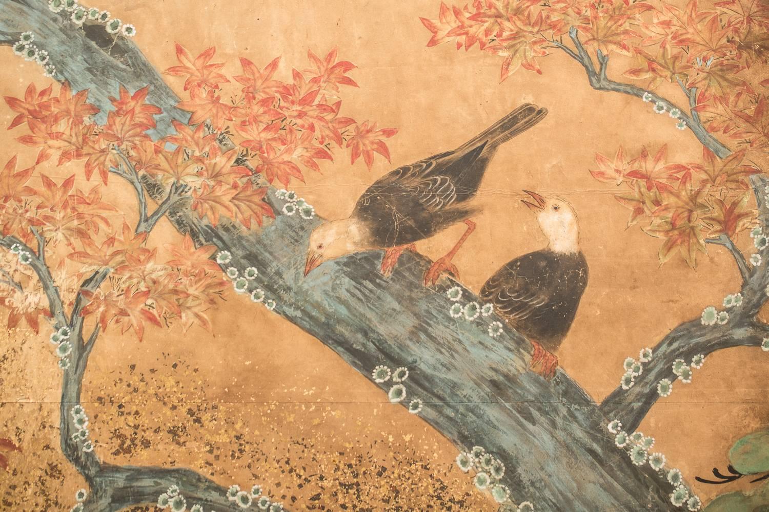 Japanese Six-Panel Screen, Audubon Landscape with Maple and Pine In Good Condition For Sale In Hudson, NY