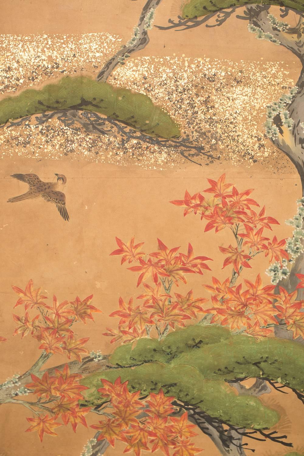 18th Century Japanese Six-Panel Screen, Audubon Landscape with Maple and Pine For Sale