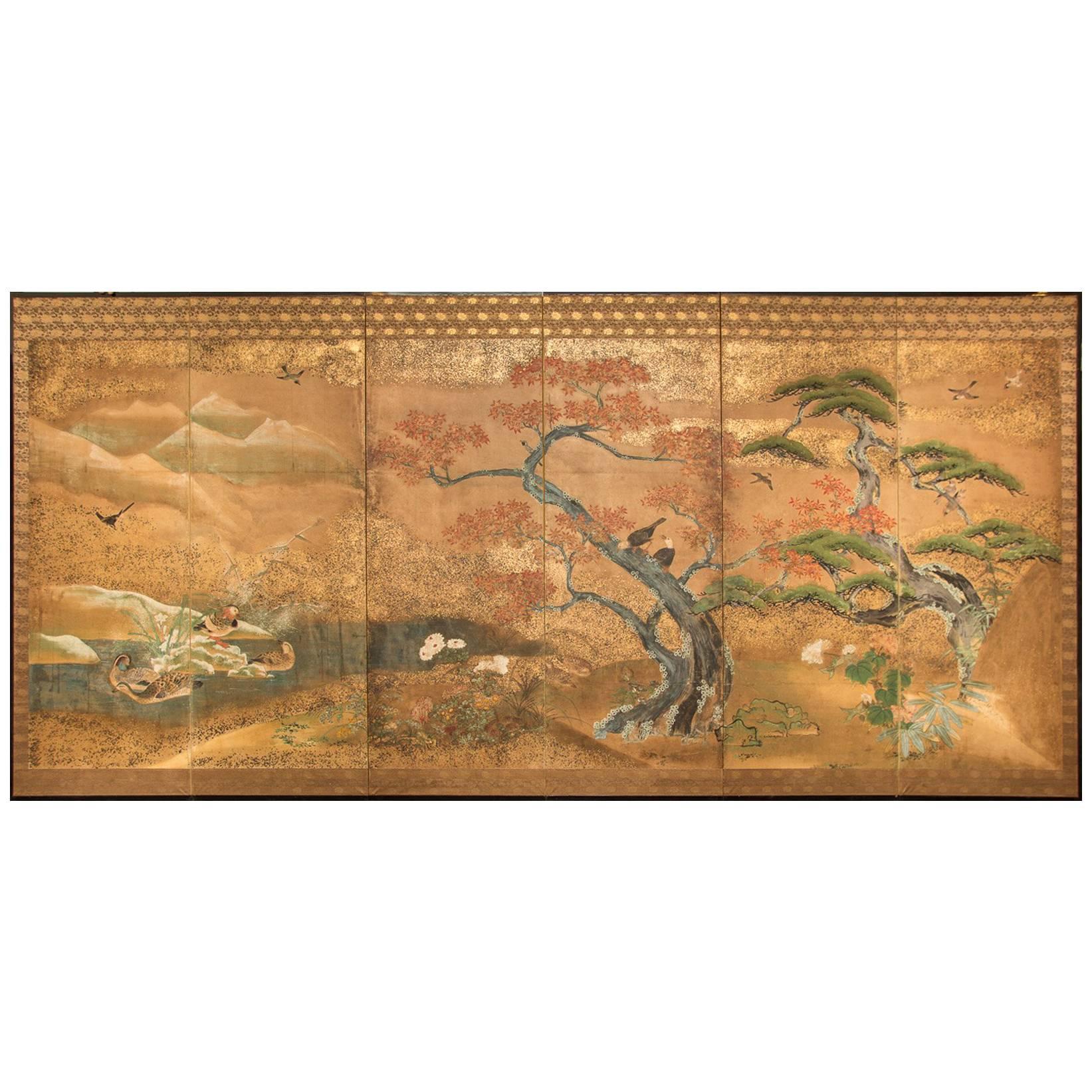 Paravent japonais à six panneaux, paysage Audubon en érable et pin