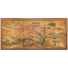 Biombo japonés de seis paneles, Paisaje de Audubon con arce y pino