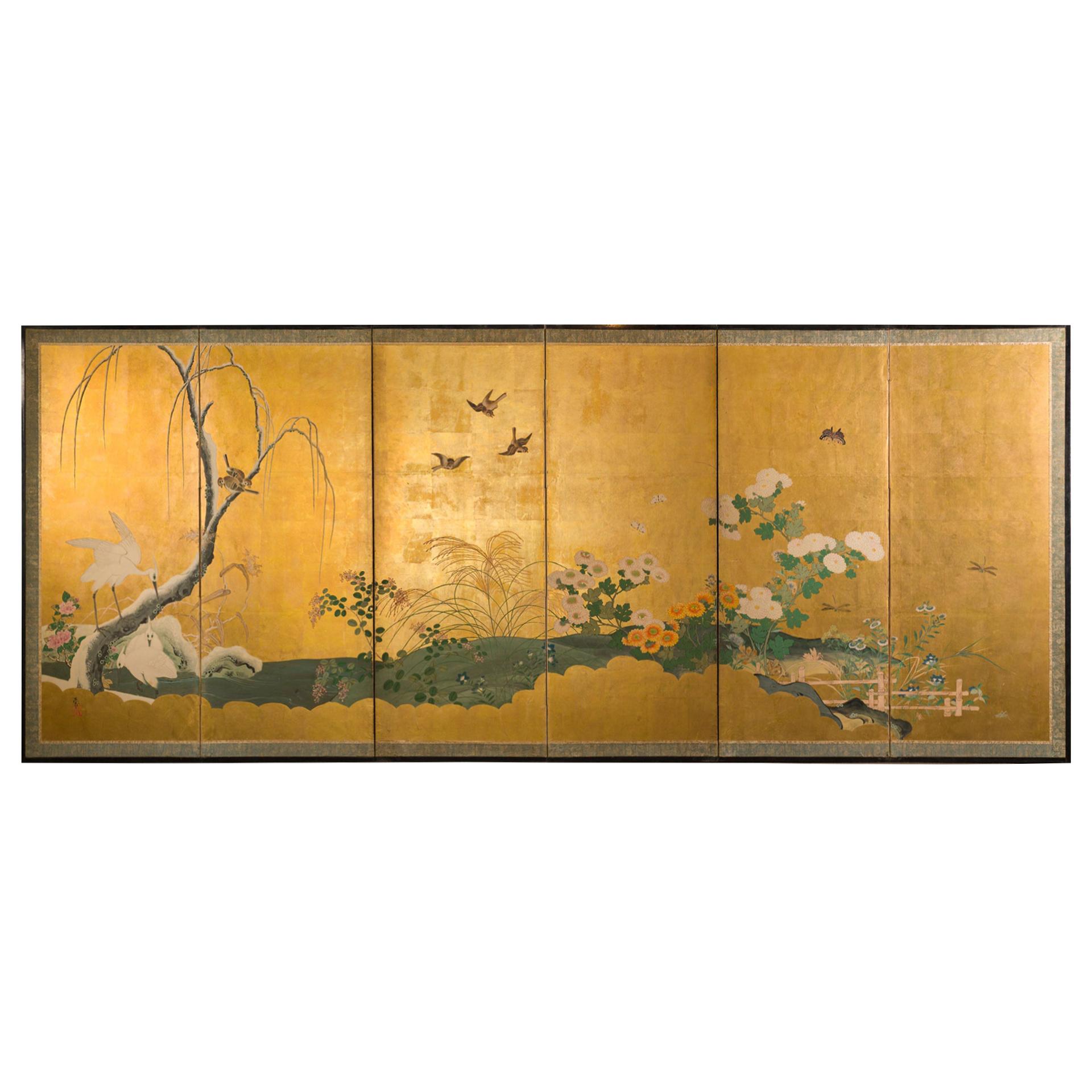 Japanese Six Panel Screen Autumn into Winter Landscape at 1stDibs
