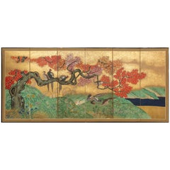 Japanese Six Panel Screen: Pheasants In an Autumn Landscape