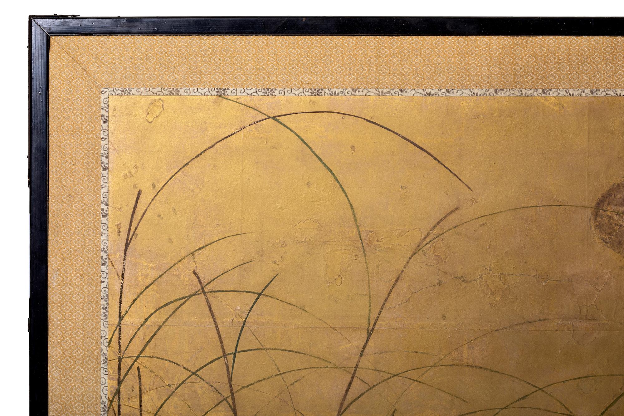 Japanese Six Panel Screen: Rimpa Painting of Autumn Flowers and Grasses on Gold For Sale 5