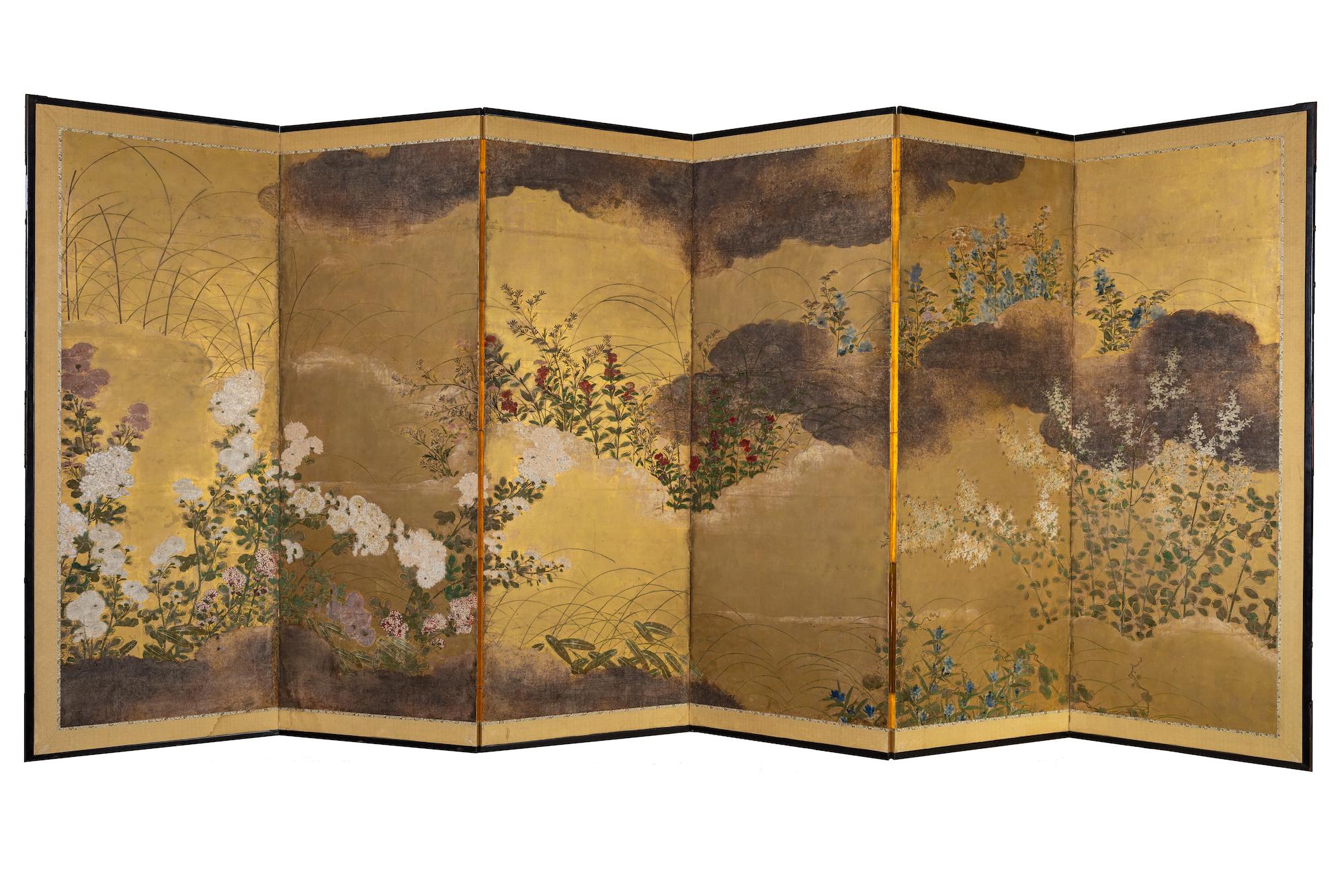 Japanese Six Panel Screen: Rimpa Painting of Autumn Flowers and Grasses on Gold For Sale 6