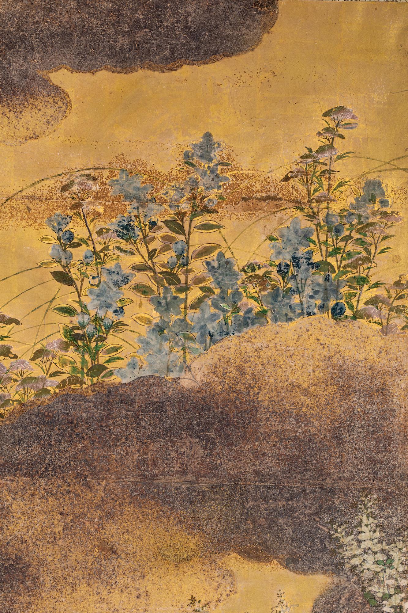 Japanese Six Panel Screen: Rimpa Painting of Autumn Flowers and Grasses on Gold In Good Condition For Sale In Hudson, NY