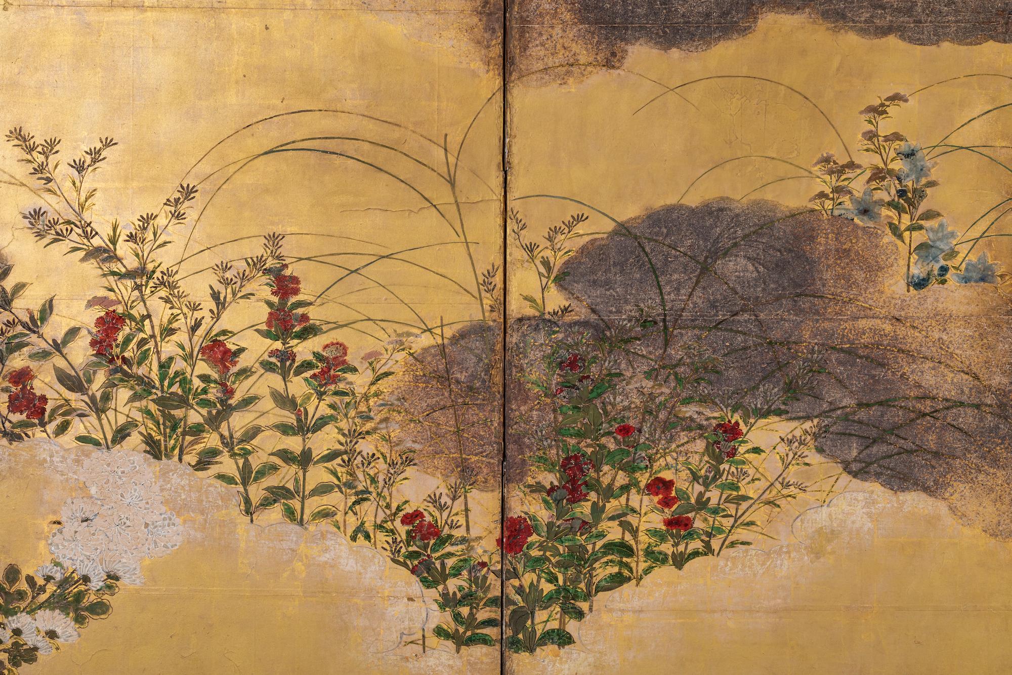18th Century Japanese Six Panel Screen: Rimpa Painting of Autumn Flowers and Grasses on Gold For Sale