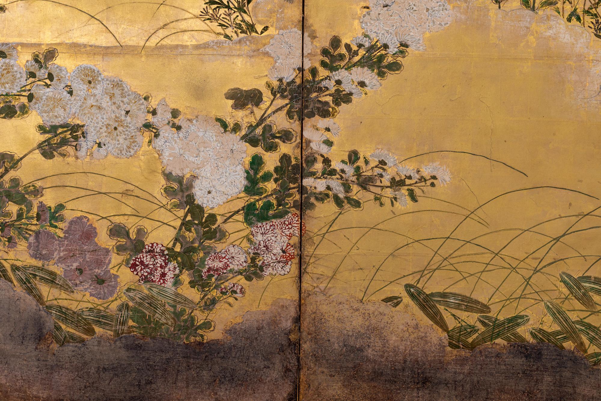 Japanese Six Panel Screen: Rimpa Painting of Autumn Flowers and Grasses on Gold For Sale 1