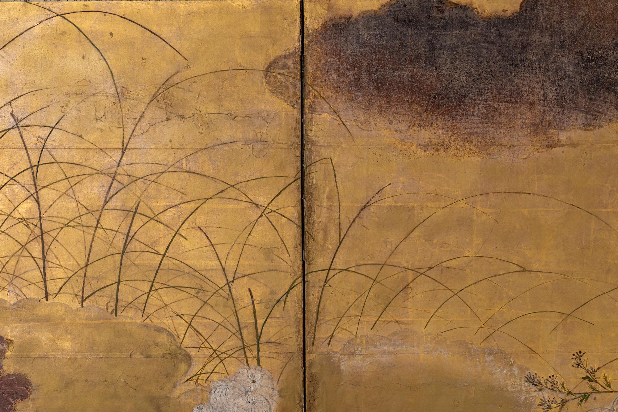 Japanese Six Panel Screen: Rimpa Painting of Autumn Flowers and Grasses on Gold For Sale 2