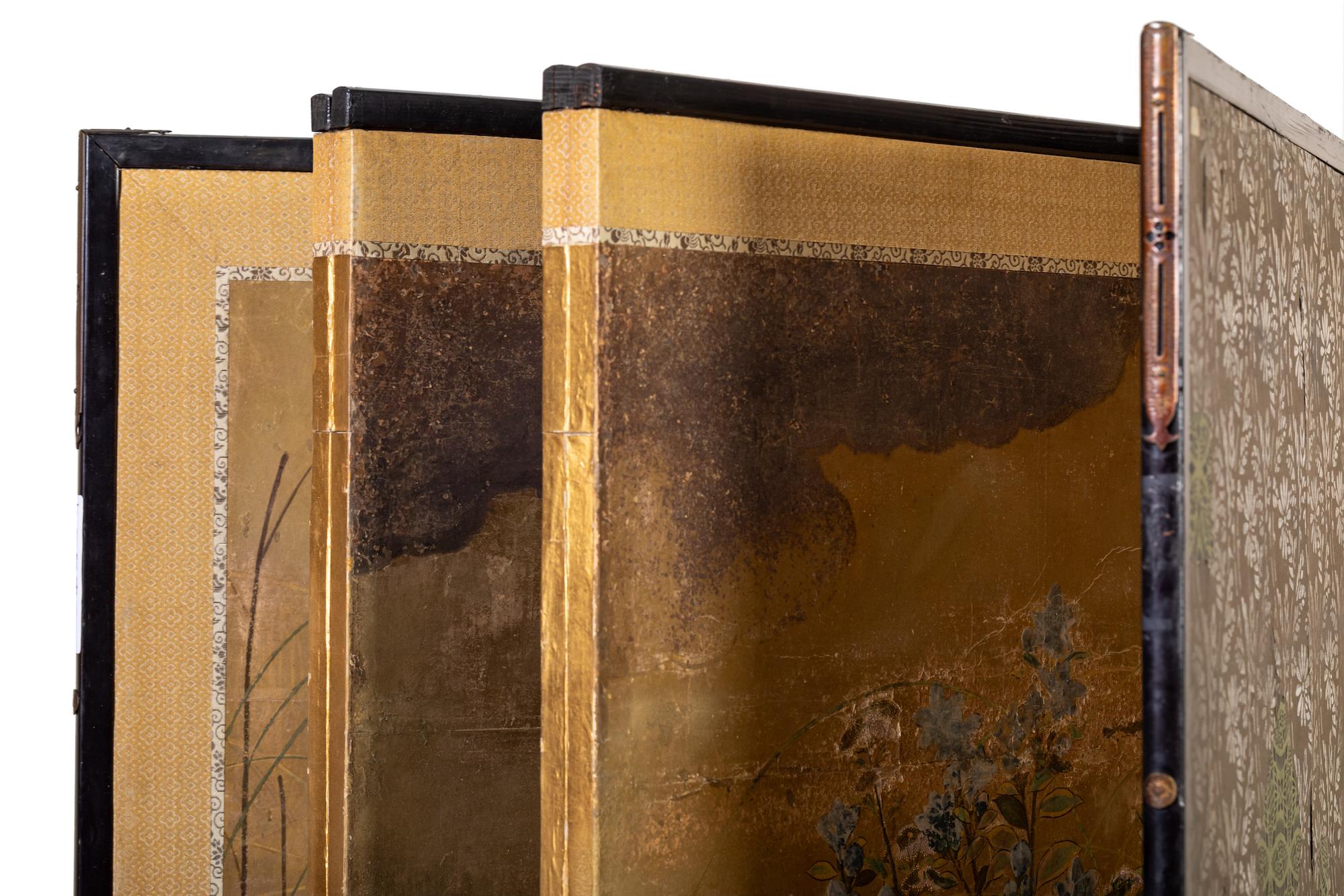 Japanese Six Panel Screen: Rimpa Painting of Autumn Flowers and Grasses on Gold For Sale 3