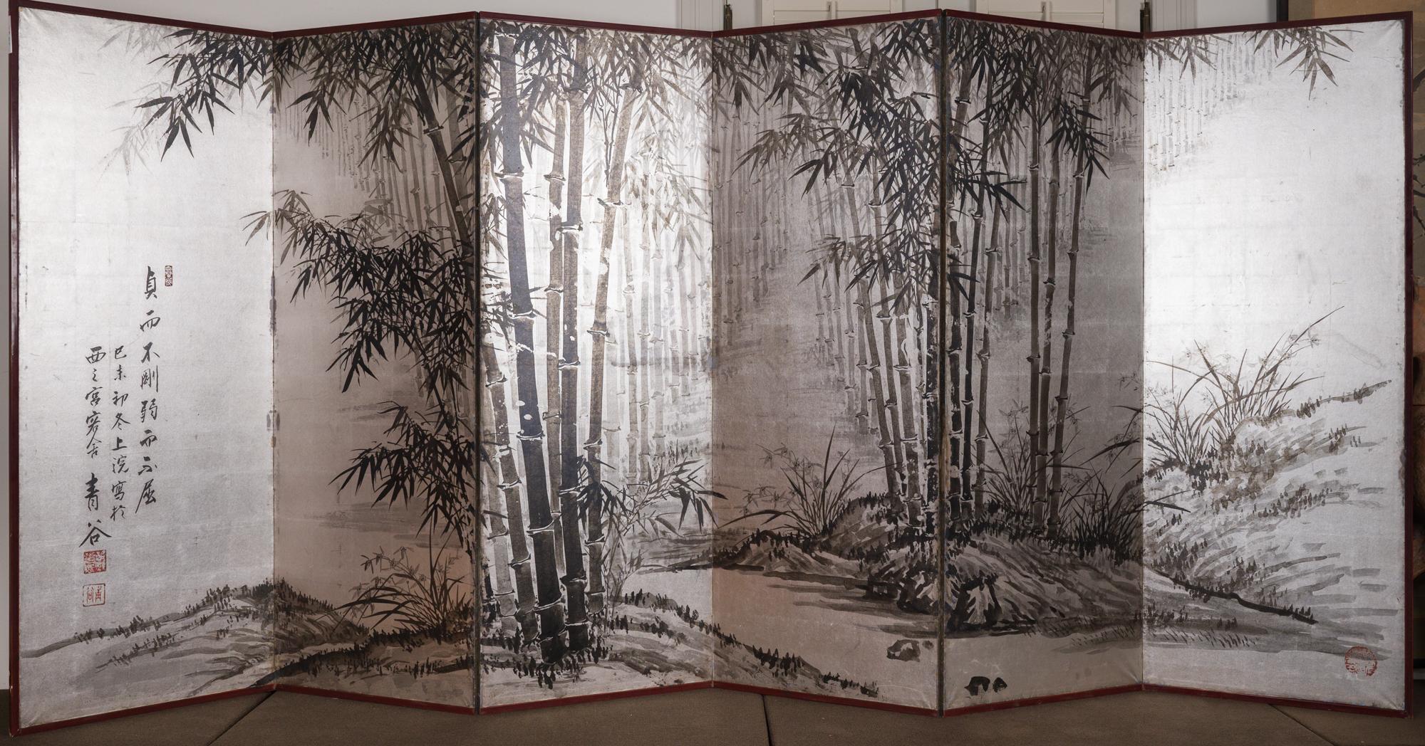 Ink painting of bamboo on nicely patinated silver leaf. Dated 1919, Signature reads: Seikoku.