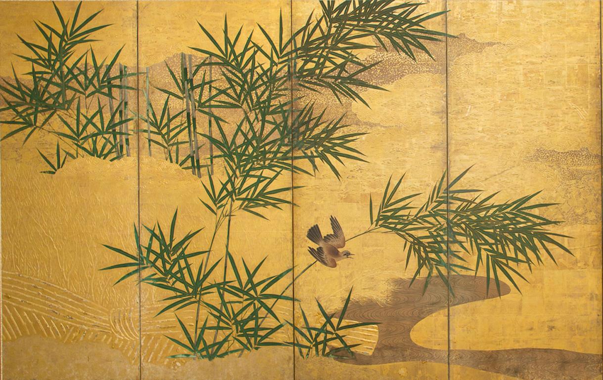 Japanese Six Panel Screen: Bamboo Grove with Beautifully Painted Bird and Meandering Stream.  Excellent Rimpa School painting with very finely rendered bird, raised gold fencing, with beautiful application of gold clouds in the foreground.  Mineral