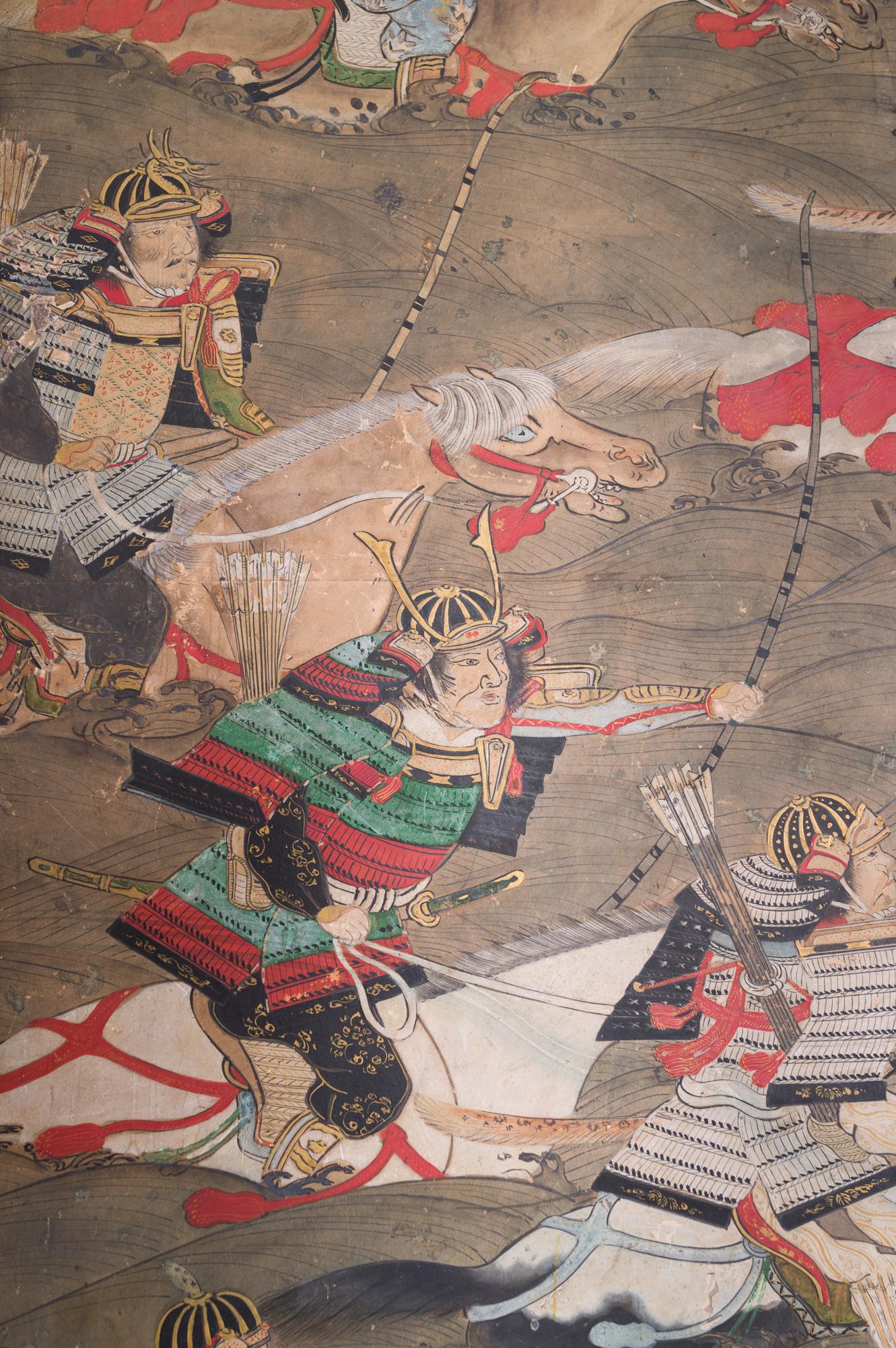 Fin du XVIIe siècle-début du XVIIIe siècle Écran japonais à six panneaux, Bataille au pont d'Uji en vente 2