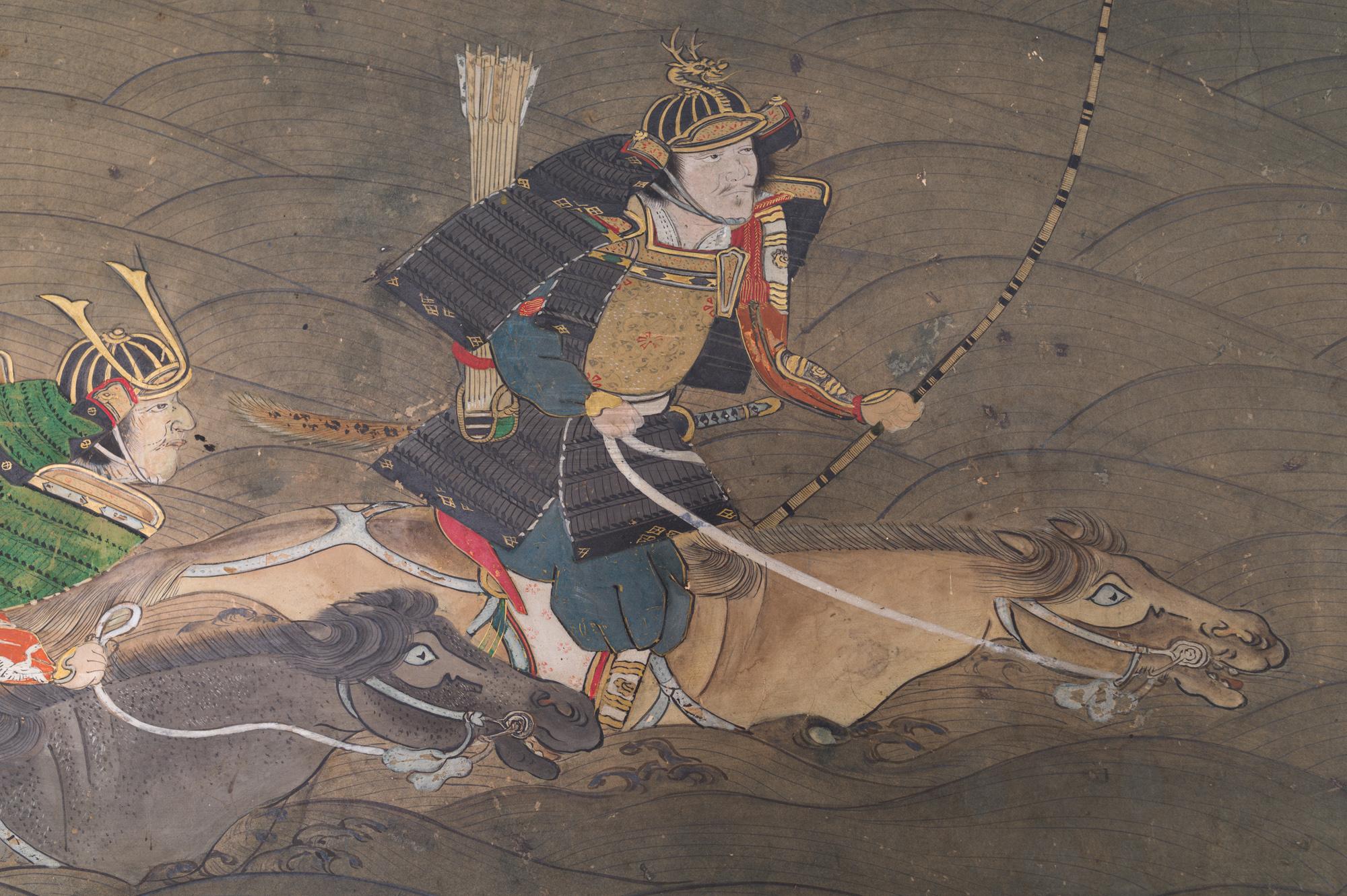Feuille d'or Fin du XVIIe siècle-début du XVIIIe siècle Écran japonais à six panneaux, Bataille au pont d'Uji en vente