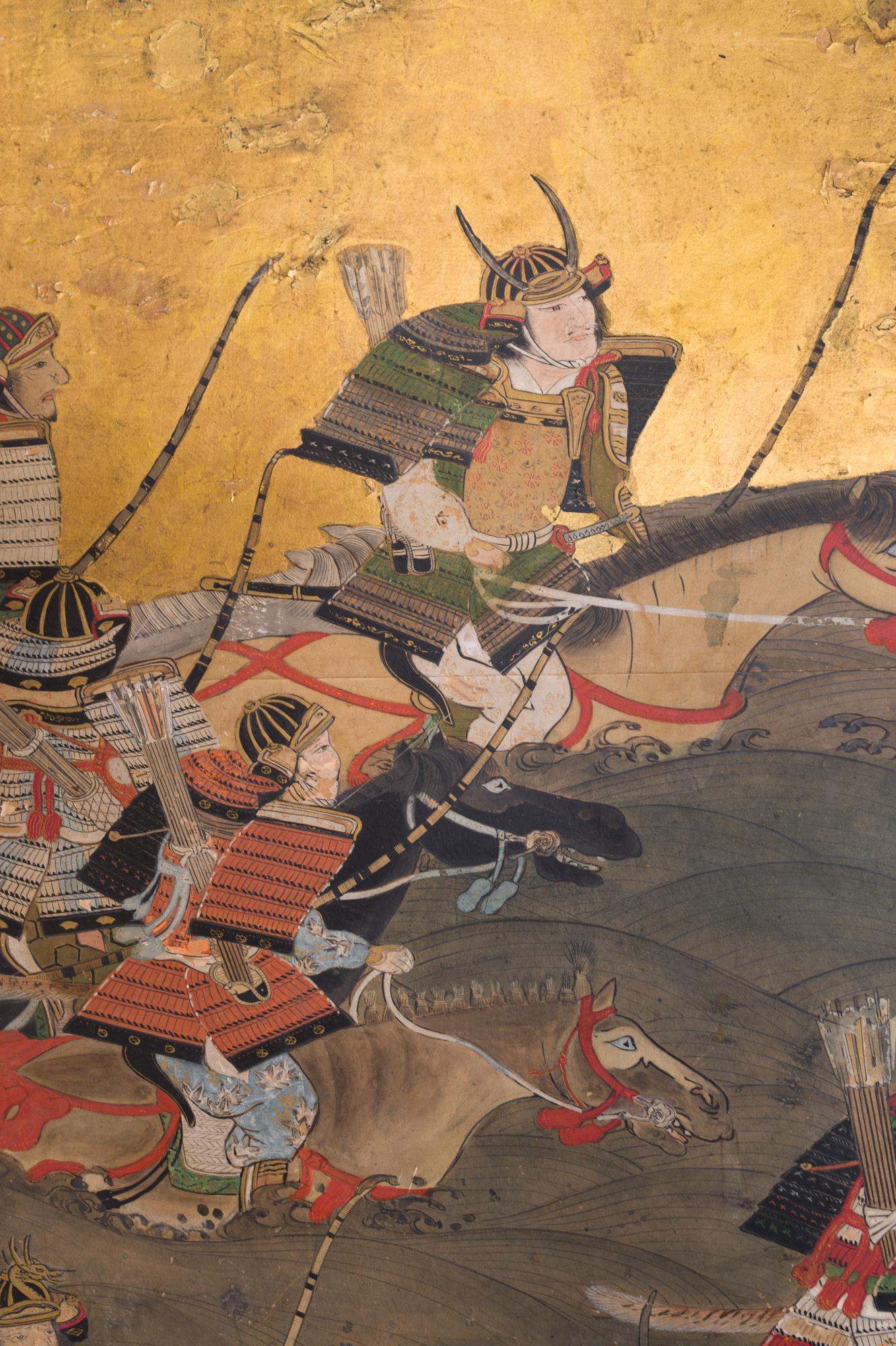 Fin du XVIIe siècle-début du XVIIIe siècle Écran japonais à six panneaux, Bataille au pont d'Uji en vente 3