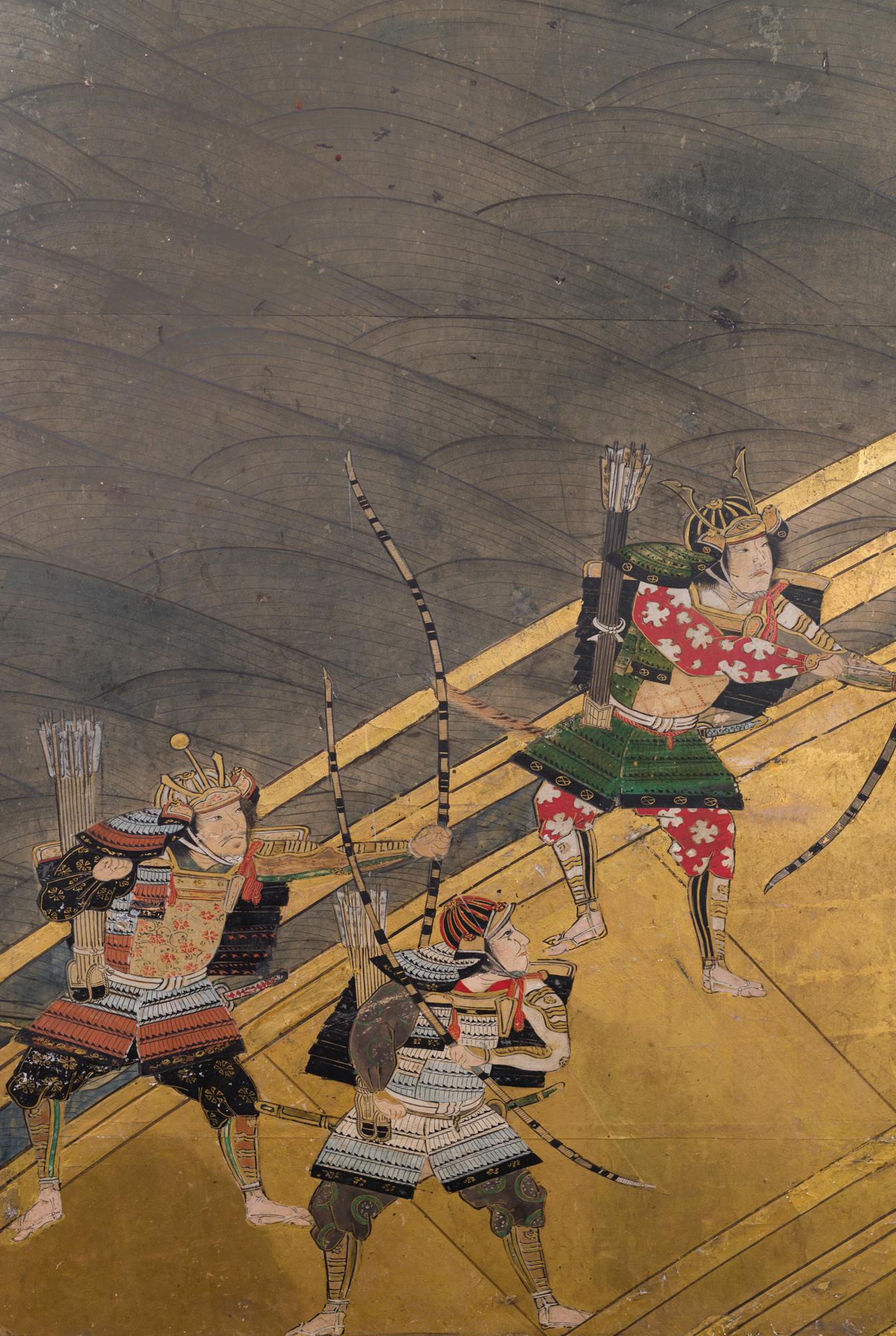 Écran japonais à six panneaux : Bataille du pont d'Uji, la première bataille d'Uji a eu lieu en 1180 et a marqué le début des guerres de Heike. Les troupes de Genji ont traversé le pont puis l'ont détruit afin d'empêcher les troupes de Heike