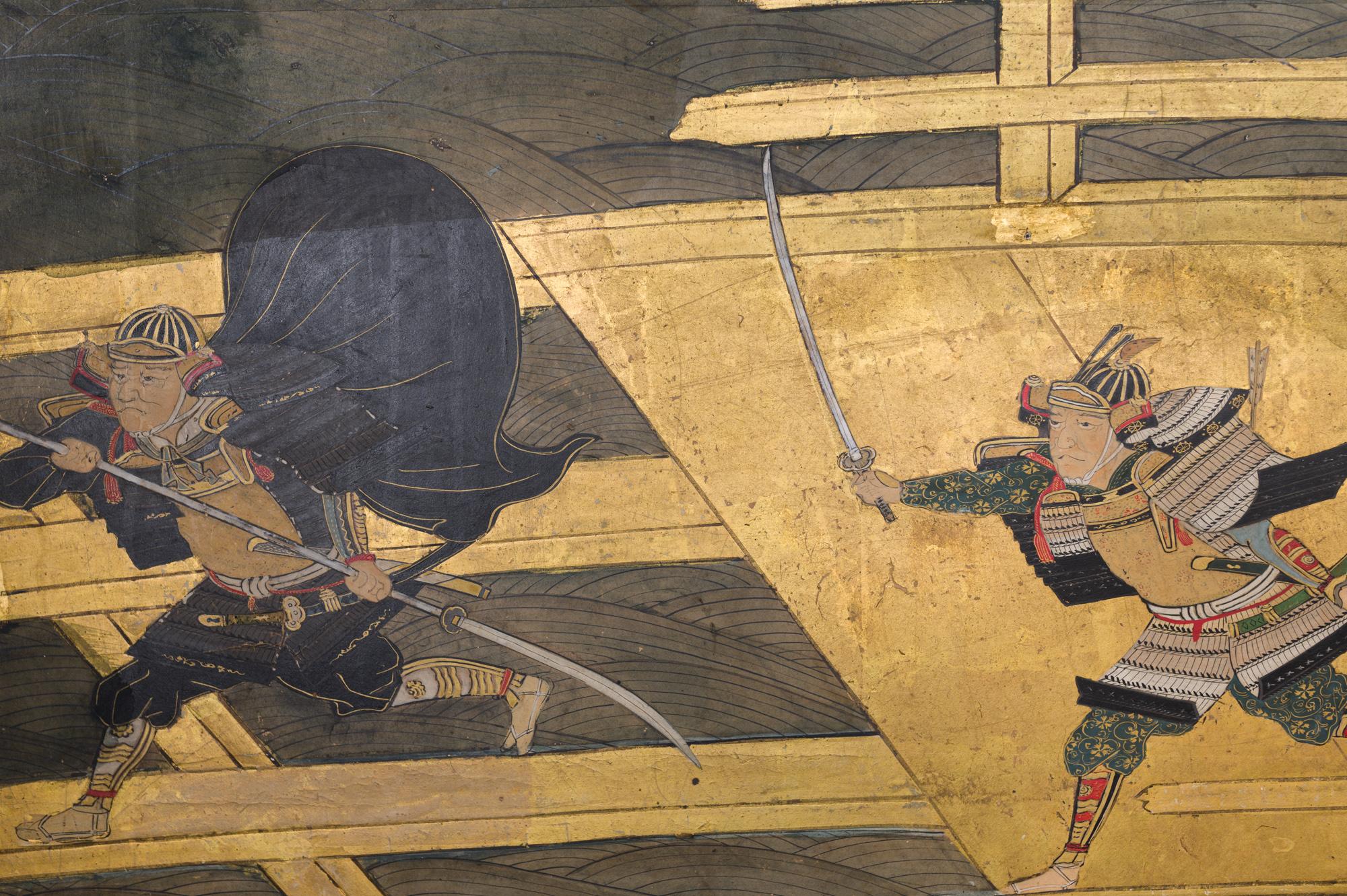 Japonais Fin du XVIIe siècle-début du XVIIIe siècle Écran japonais à six panneaux, Bataille au pont d'Uji en vente
