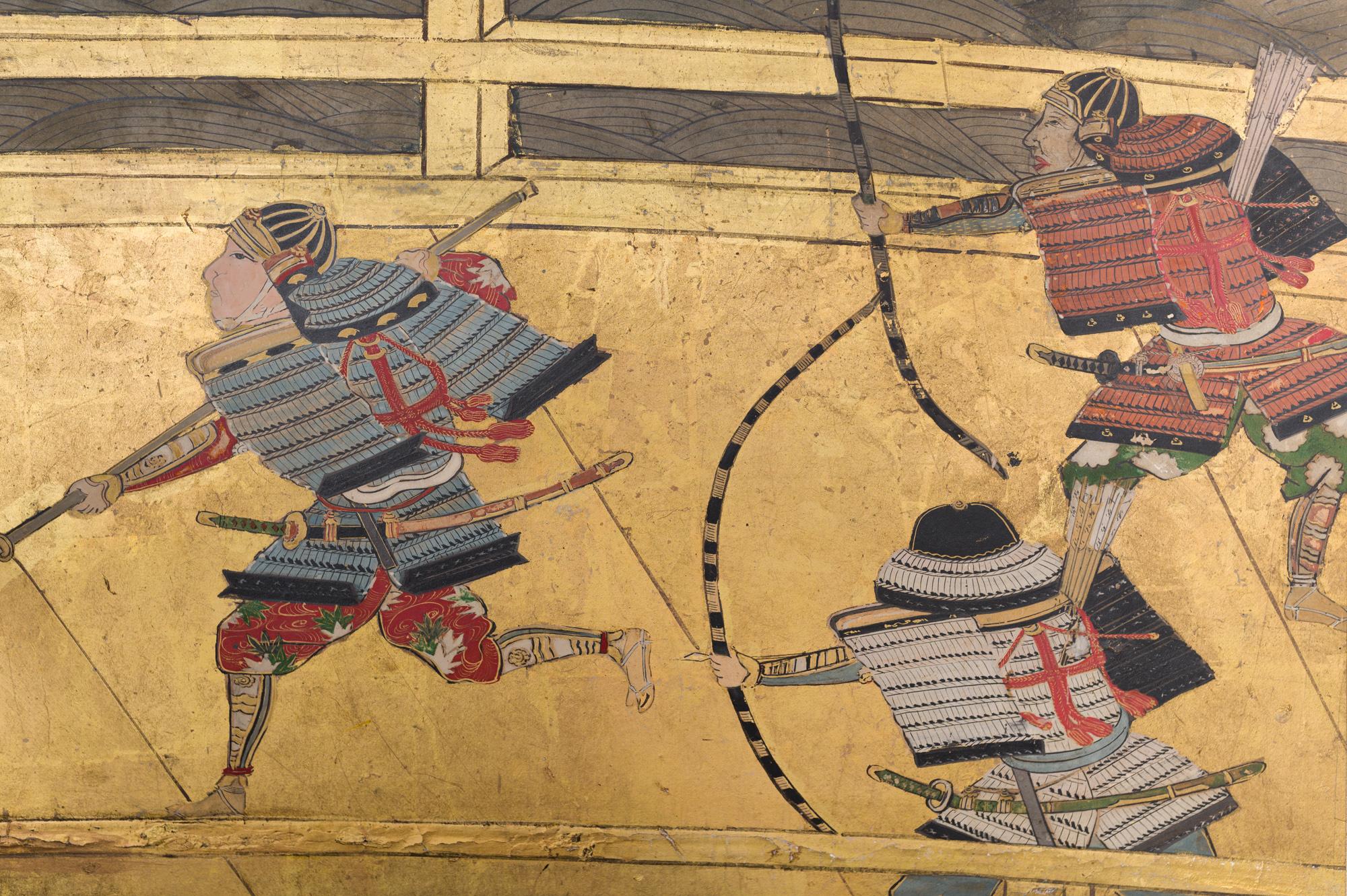 Fin du XVIIe siècle-début du XVIIIe siècle Écran japonais à six panneaux, Bataille au pont d'Uji Bon état - En vente à Hudson, NY