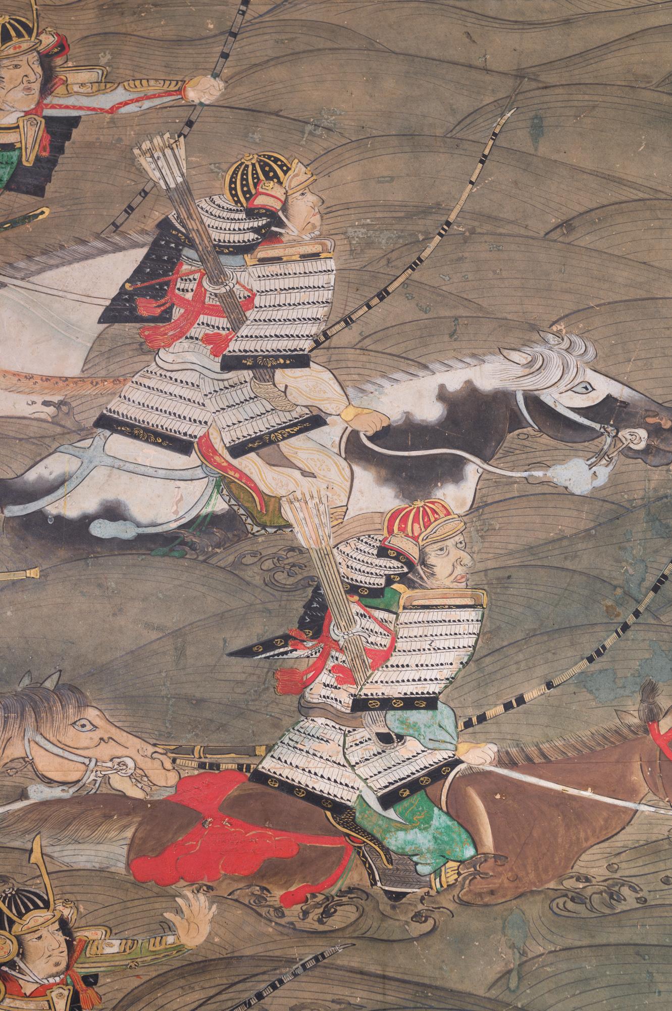 Late 17th-Early 18th Century Japanese Six-Panel Screen, Battle at Uji Bridge For Sale 1