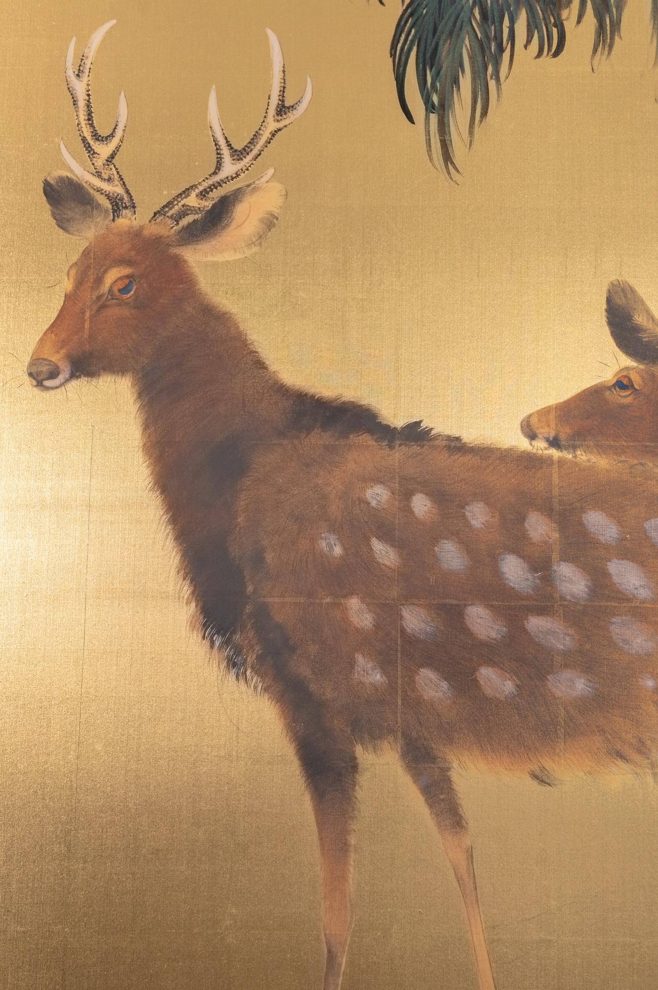 Japanese six-panel screen: Buck and doe at dawn. Showa period (1926-1989) painting of a rising sun seen through a woodland scene with a pair of deer. In Japan, deer are thought to be messengers of the gods. Beautiful use of negative space, minimal