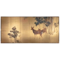 Antique Japanese Six-Panel Screen Buck and Doe at Dawn