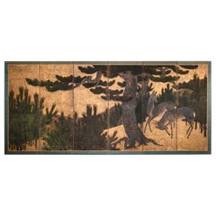 Japanese Six-Panel Screen Buck and Doe in Pine Forest